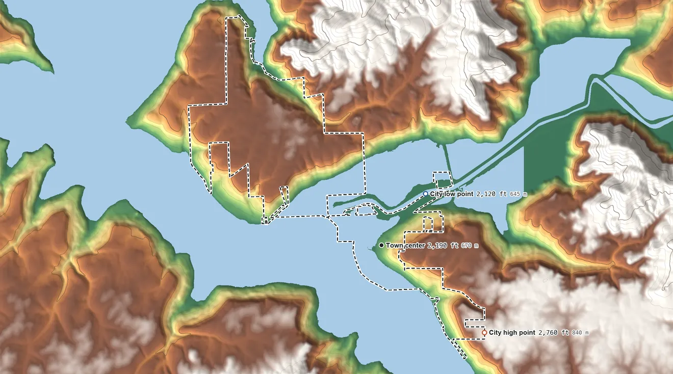 Topographic elevation map of Harrison, Idaho, shaded from 2,120 ft on the northeast side to 2,760 ft on the southeast side