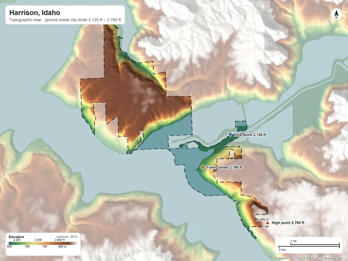 Topographic elevation map of Harrison, Idaho, shaded from 2,120 ft on the northeast side to 2,760 ft on the southeast side