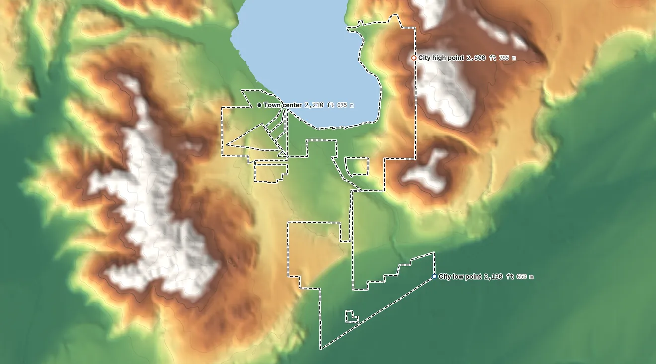 Topographic elevation map of Hauser, Idaho, shaded from 2,130 ft on the southeast side to 2,600 ft on the east side