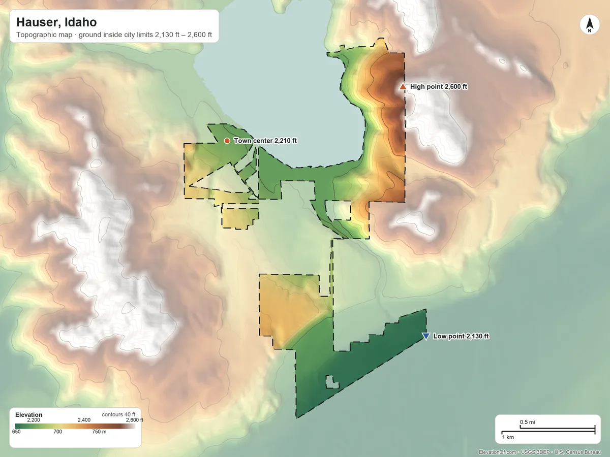 Topographic elevation map of Hauser, Idaho, shaded from 2,130 ft on the southeast side to 2,600 ft on the east side