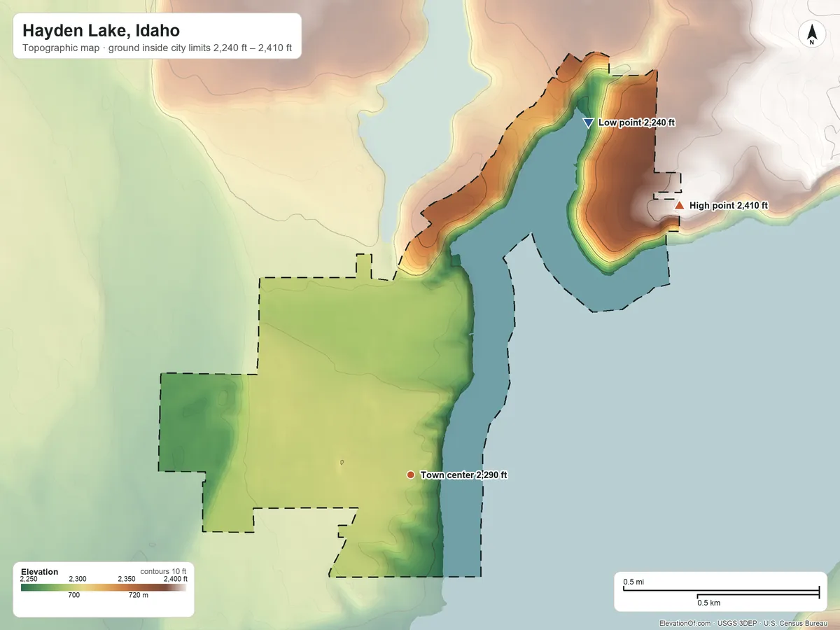 Topographic elevation map of Hayden Lake, Idaho, shaded from 2,240 ft on the northeast side to 2,410 ft on the northeast edge, below higher ground just outside