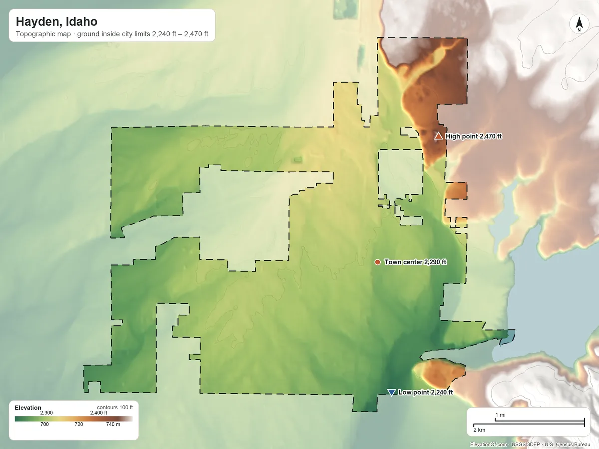 Topographic elevation map of Hayden, Idaho, shaded from 2,240 ft on the south side to 2,470 ft on the northeast side