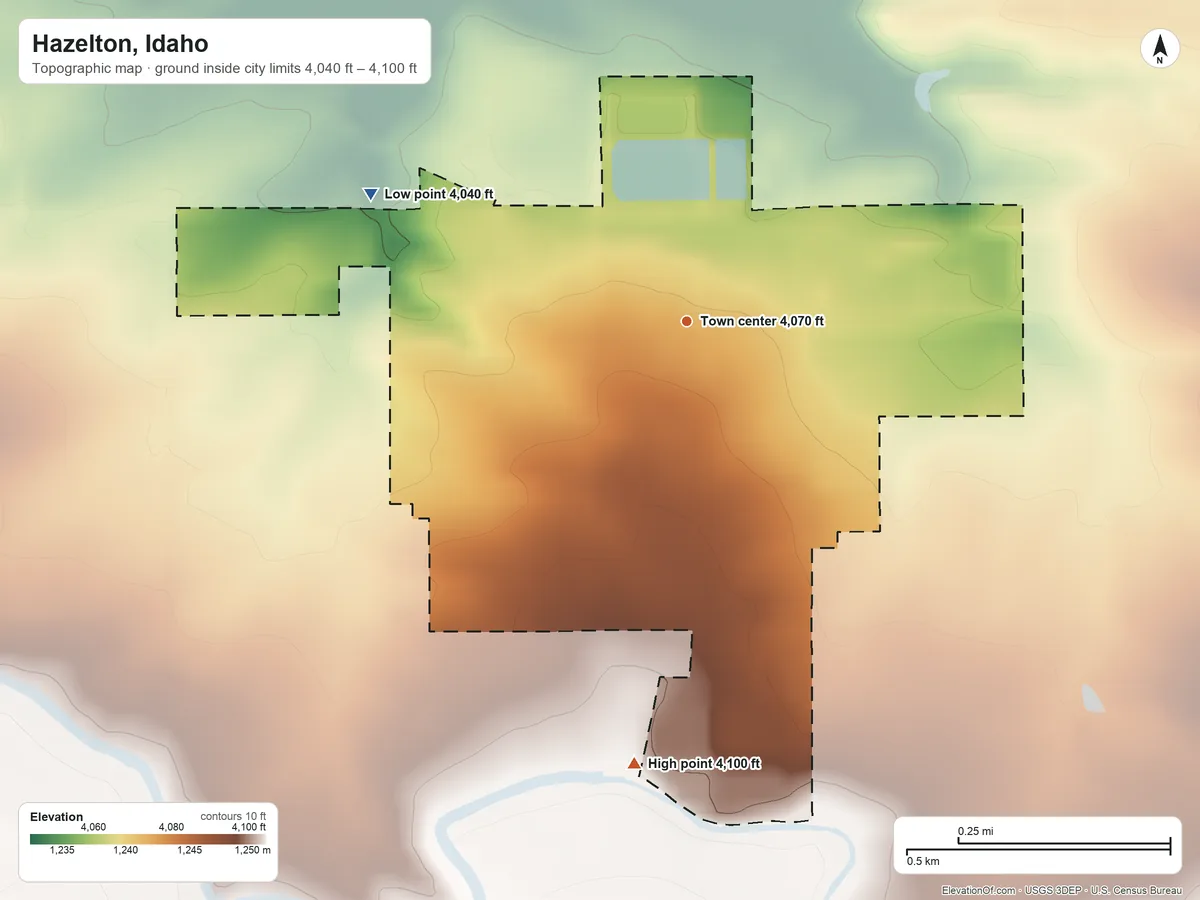 Topographic elevation map of Hazelton, Idaho, shaded from 4,040 ft on the west side to 4,100 ft on the south side