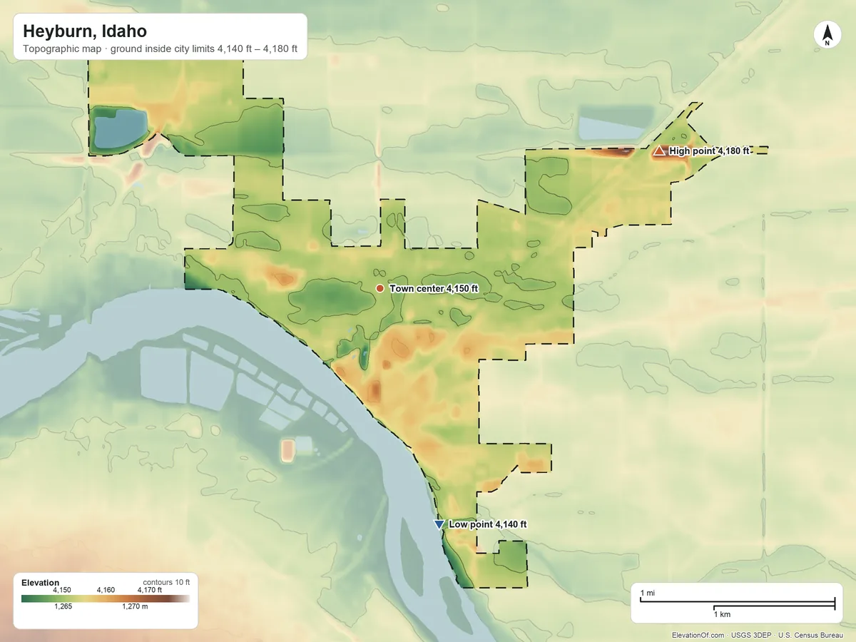 Topographic elevation map of Heyburn, Idaho, shaded from 4,140 ft on the south side to 4,180 ft on the northeast side