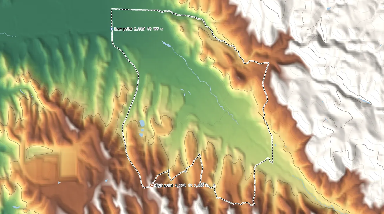 Topographic elevation map of Hidden Springs, Idaho, shaded from 2,810 ft on the northwest side to 3,270 ft on the southwest side