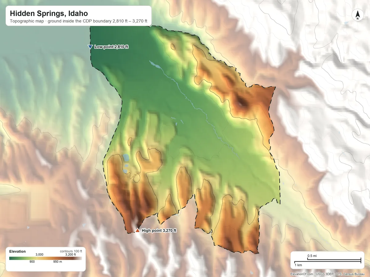 Topographic elevation map of Hidden Springs, Idaho, shaded from 2,810 ft on the northwest side to 3,270 ft on the southwest side