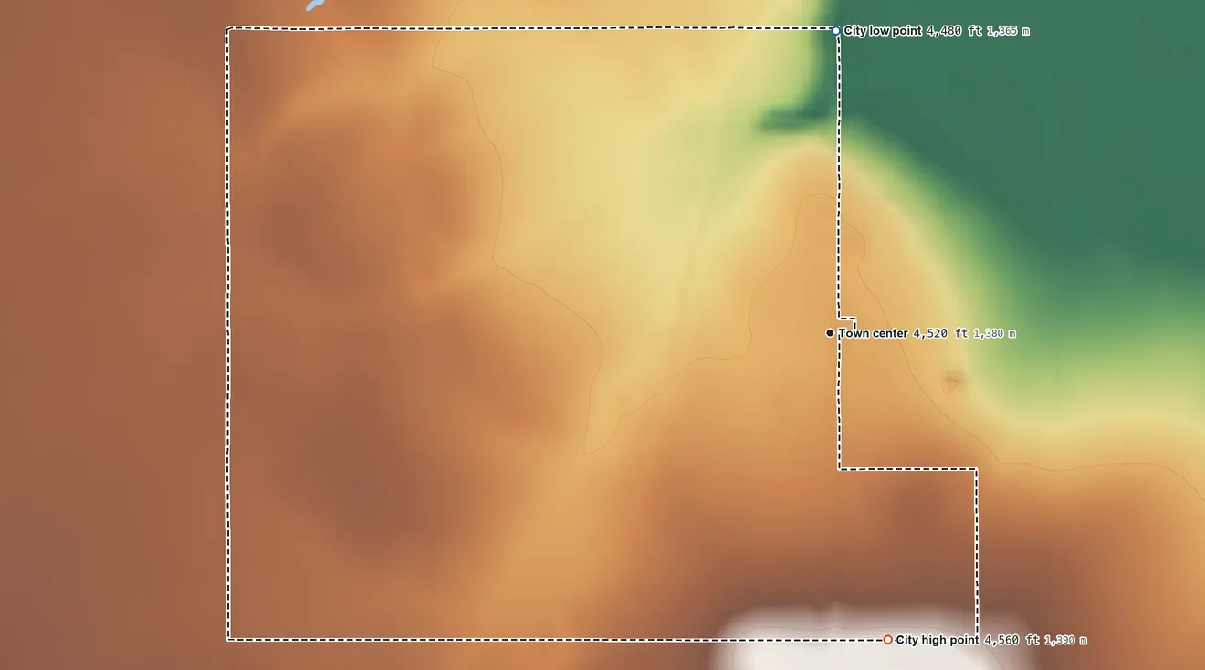 Topographic elevation map of Hollister, Idaho, shaded from 4,480 ft on the north side to 4,560 ft on the south side