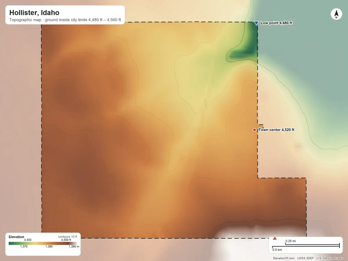 Topographic elevation map of Hollister, Idaho, shaded from 4,480 ft on the north side to 4,560 ft on the south side