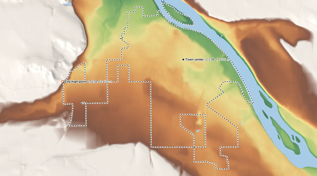 Topographic elevation map of Homedale, Idaho, shaded from 2,210 ft on the north side to 2,270 ft on the west side