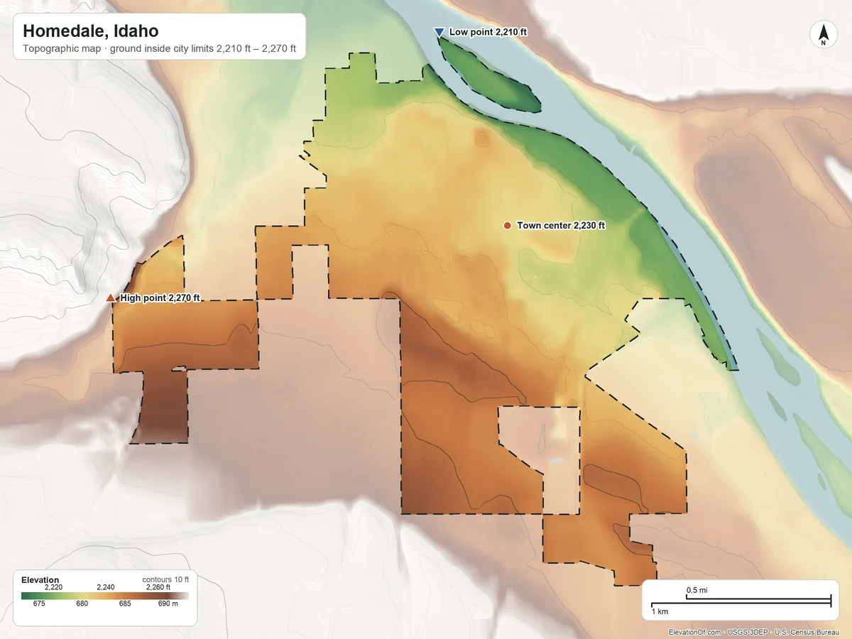 Topographic elevation map of Homedale, Idaho, shaded from 2,210 ft on the north side to 2,270 ft on the west side