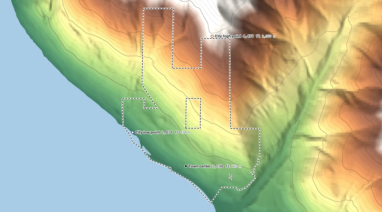 Topographic elevation map of Hope, Idaho, shaded from 2,070 ft on the northwest side to 4,470 ft on the north edge, below higher ground just outside