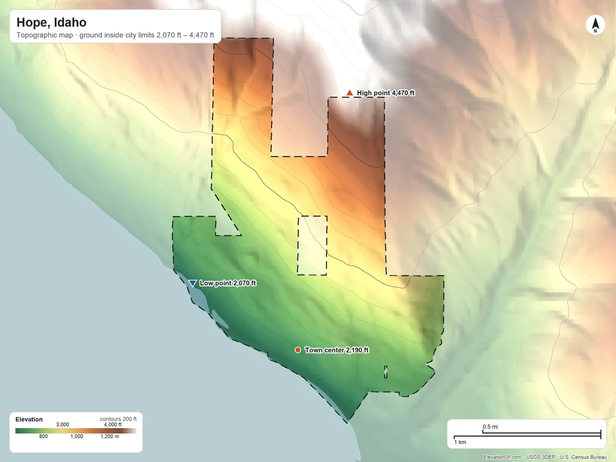 Topographic elevation map of Hope, Idaho, shaded from 2,070 ft on the northwest side to 4,470 ft on the north edge, below higher ground just outside