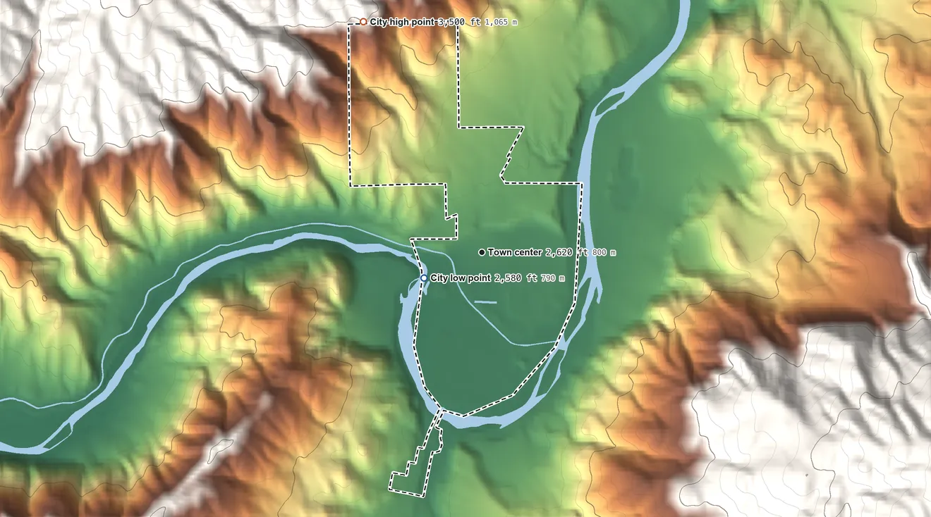 Topographic elevation map of Horseshoe Bend, Idaho, shaded from 2,580 ft on the southwest side to 3,500 ft on the northwest edge, below higher ground just outside