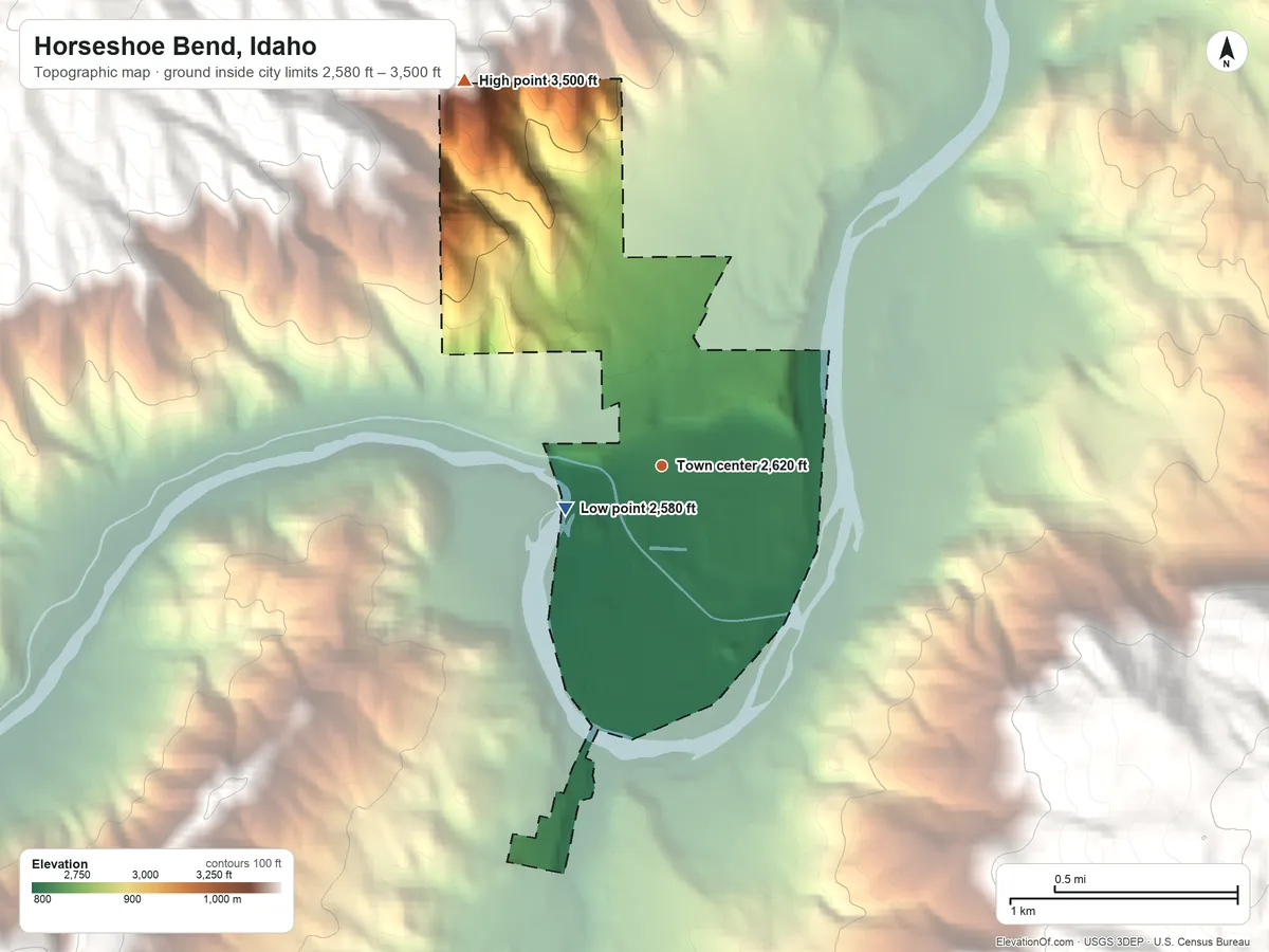 Topographic elevation map of Horseshoe Bend, Idaho, shaded from 2,580 ft on the southwest side to 3,500 ft on the northwest edge, below higher ground just outside