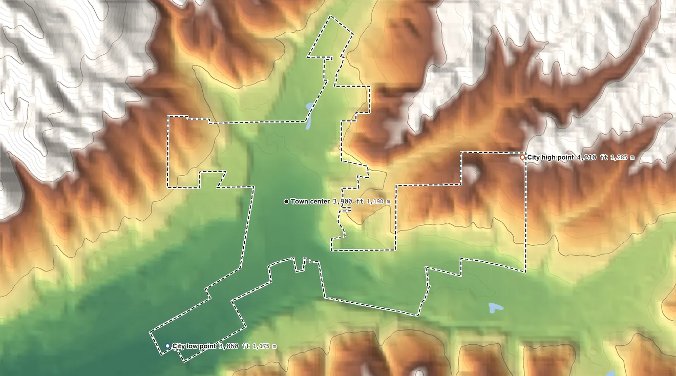 Topographic elevation map of Idaho City, Idaho, shaded from 3,860 ft on the southwest side to 4,210 ft on the east edge, below higher ground just outside