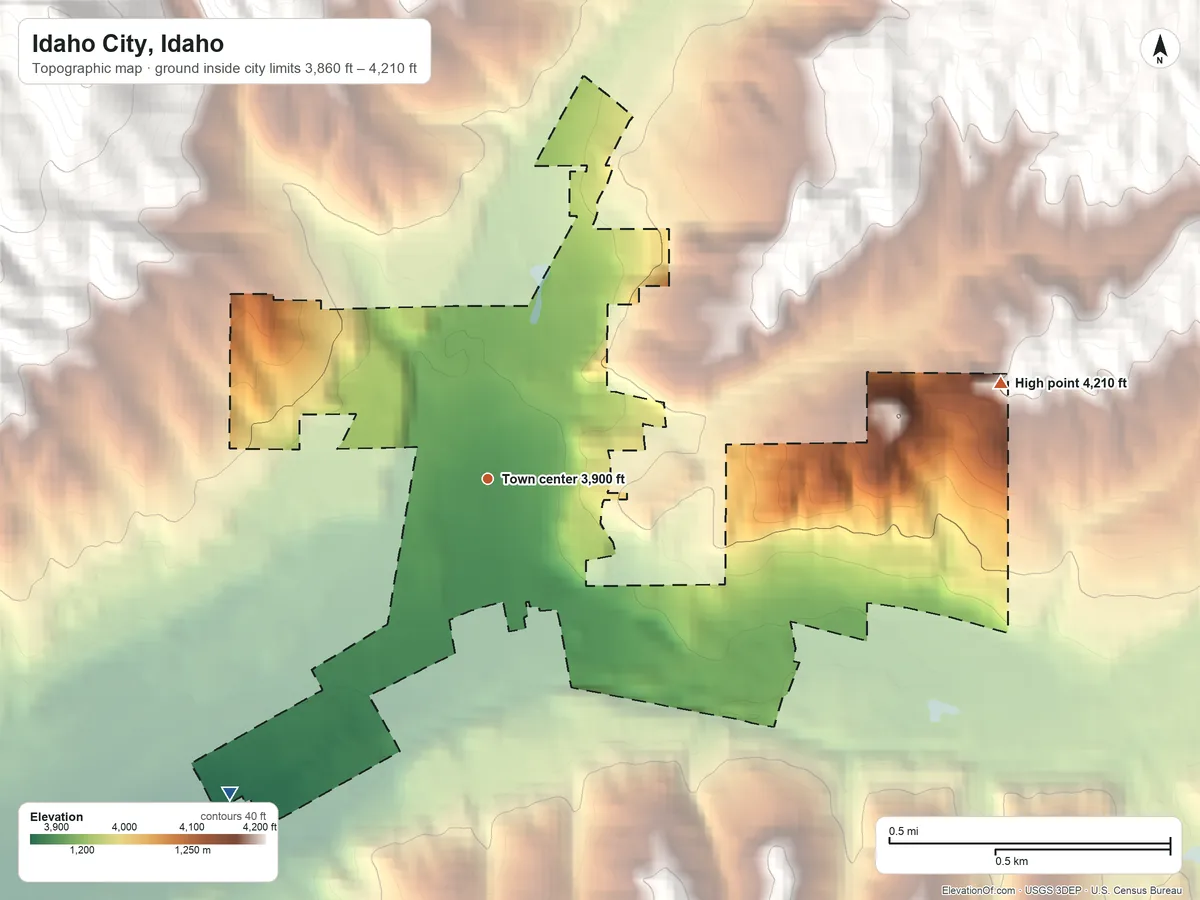 Topographic elevation map of Idaho City, Idaho, shaded from 3,860 ft on the southwest side to 4,210 ft on the east edge, below higher ground just outside