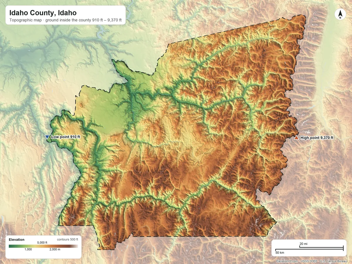 Topographic elevation map of Idaho County, Idaho, shaded from 910 ft on the west side to 9,370 ft on the east side