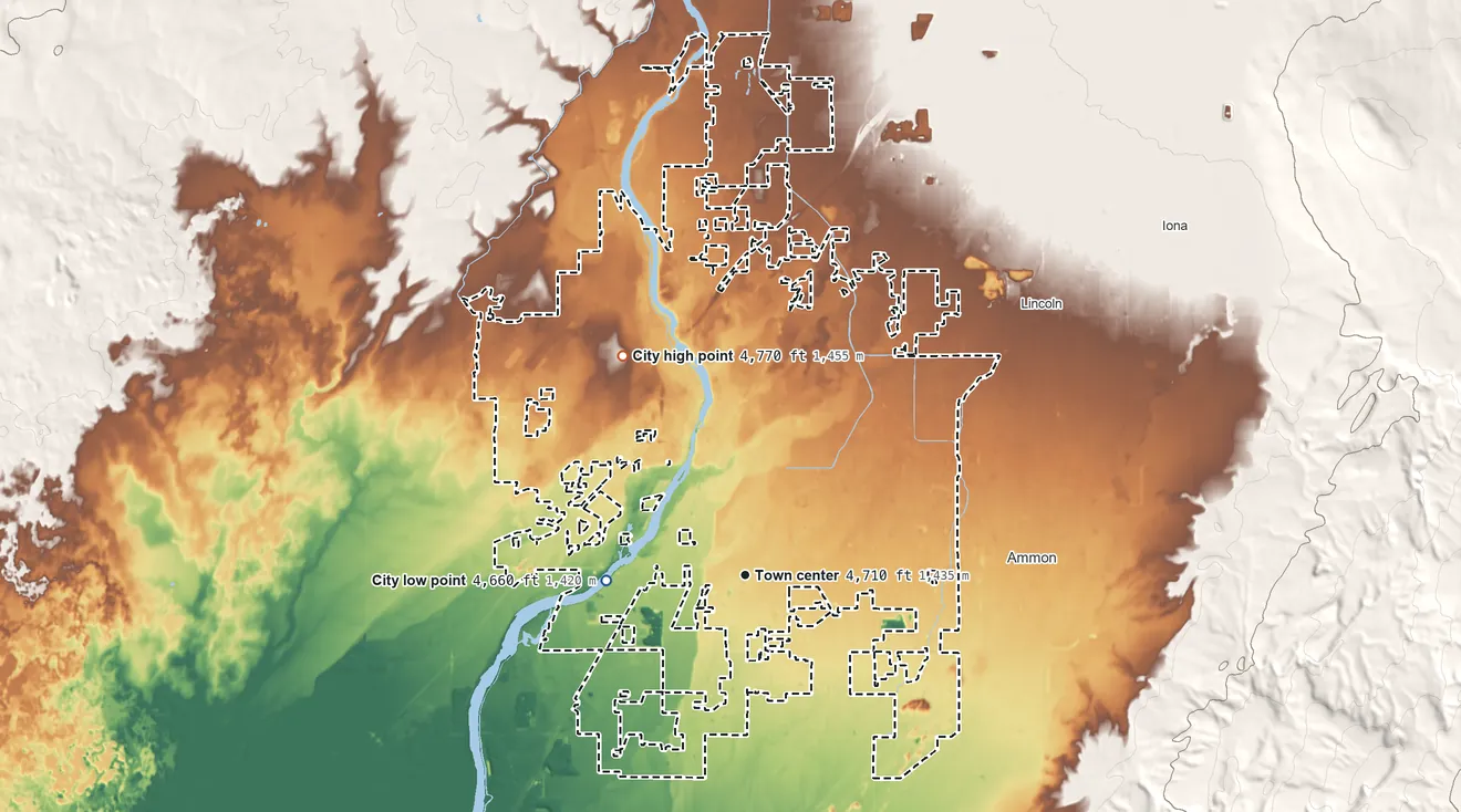 Topographic elevation map of Idaho Falls, Idaho, shaded from 4,660 ft on the west side to 4,770 ft on the northwest side