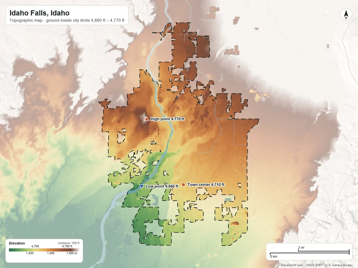 Topographic elevation map of Idaho Falls, Idaho, shaded from 4,660 ft on the west side to 4,770 ft on the northwest side