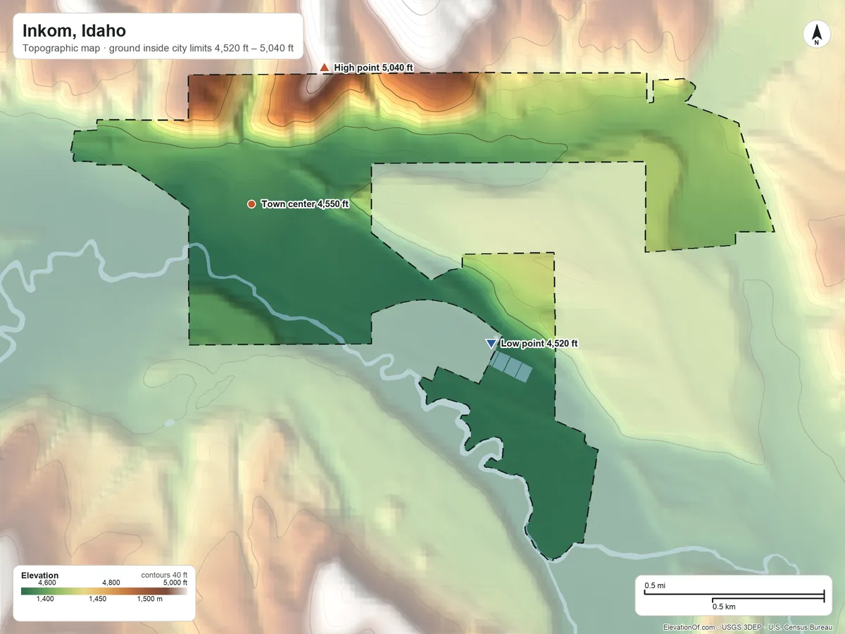 Topographic elevation map of Inkom, Idaho, shaded from 4,520 ft on the southeast side to 5,040 ft at the foot of the Portneuf Range