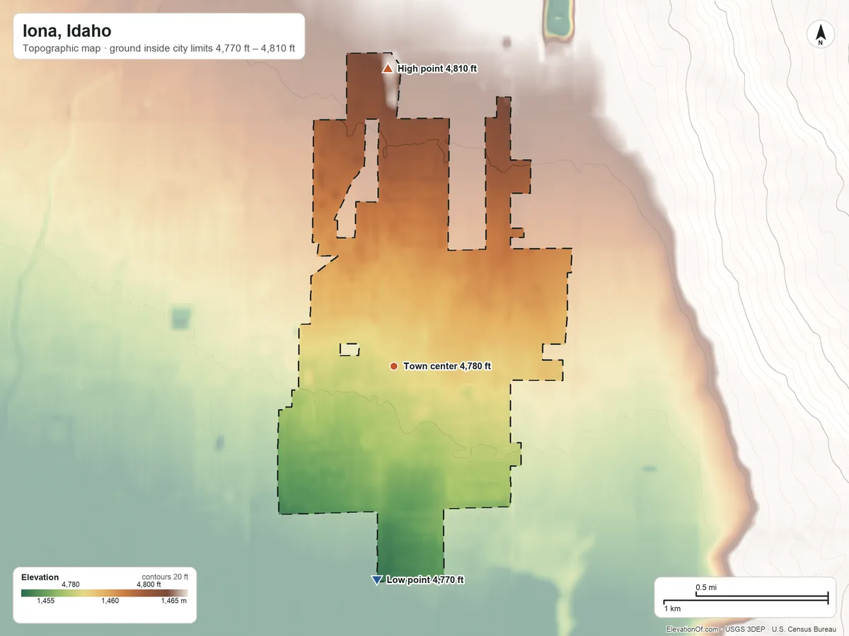 Topographic elevation map of Iona, Idaho, shaded from 4,770 ft on the south side to 4,810 ft at the foot of the Sand Hills