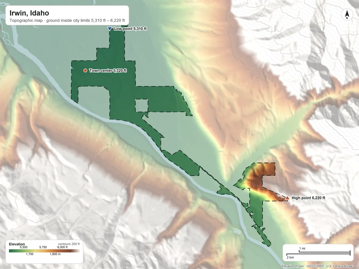 Topographic elevation map of Irwin, Idaho, shaded from 5,310 ft on the northeast side to 6,220 ft on the southeast edge, below higher ground just outside
