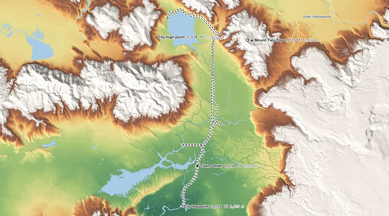 Topographic elevation map of Island Park, Idaho, shaded from 6,140 ft on the south side to 7,430 ft at the foot of the Henrys Lake Mountains