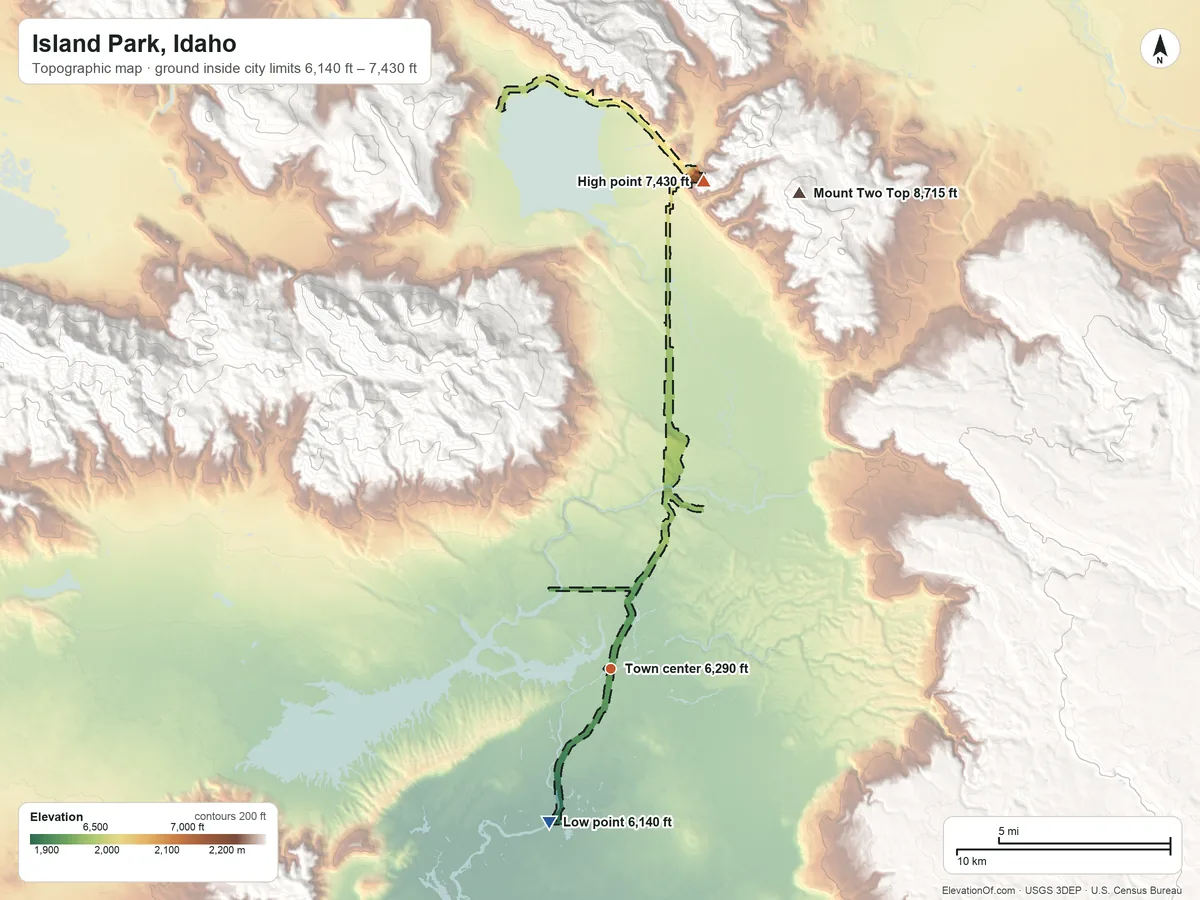 Topographic elevation map of Island Park, Idaho, shaded from 6,140 ft on the south side to 7,430 ft at the foot of the Henrys Lake Mountains