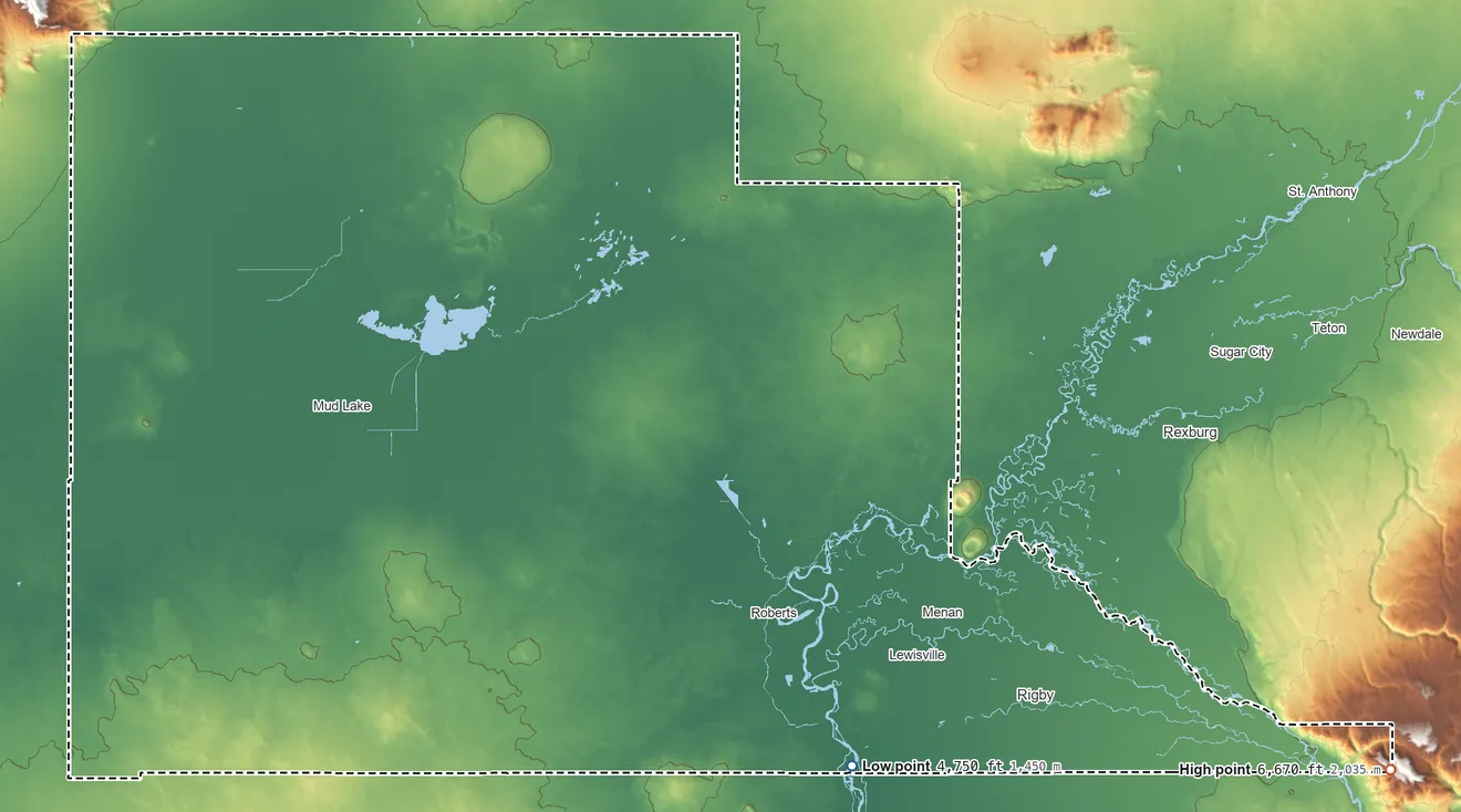 Topographic elevation map of Jefferson County, Idaho, shaded from 4,750 ft on the south side to 6,670 ft on the southeast side