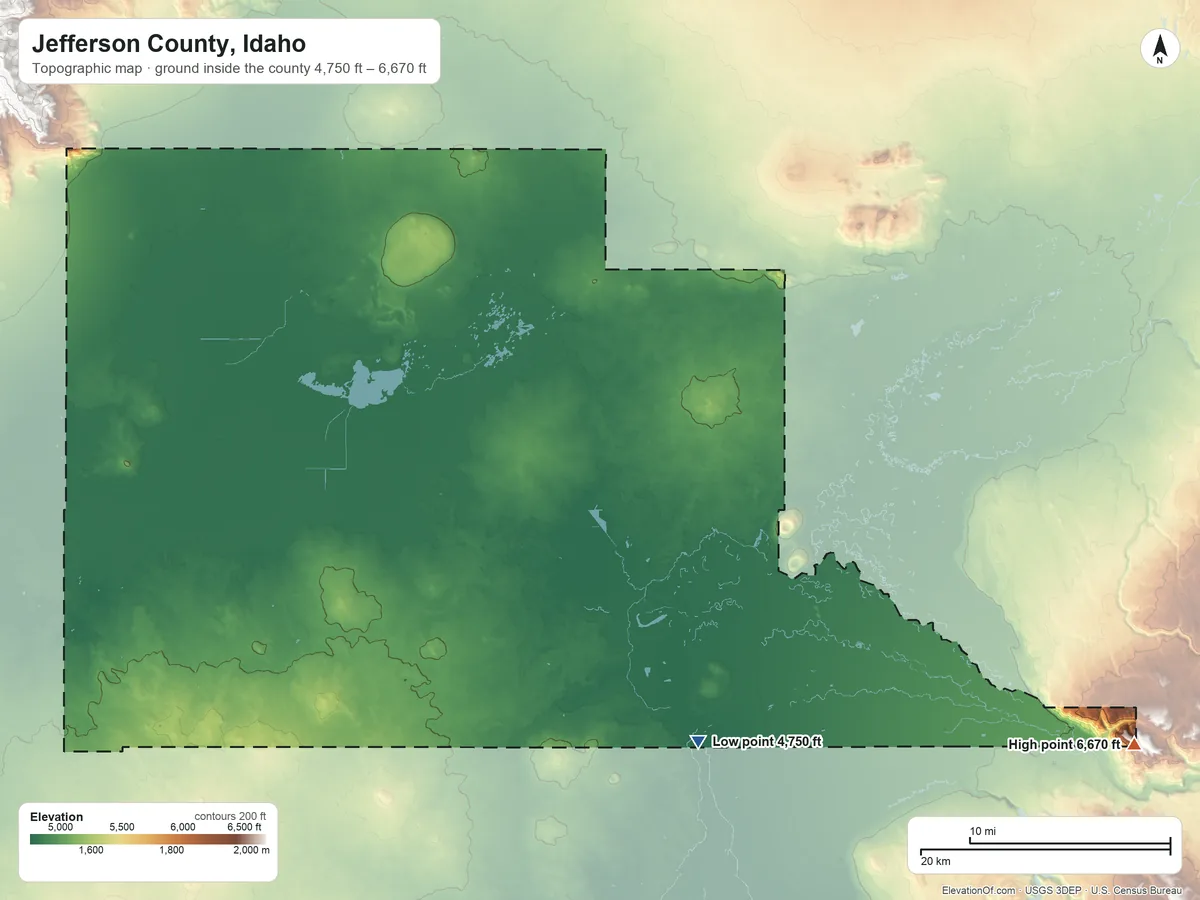 Topographic elevation map of Jefferson County, Idaho, shaded from 4,750 ft on the south side to 6,670 ft on the southeast side