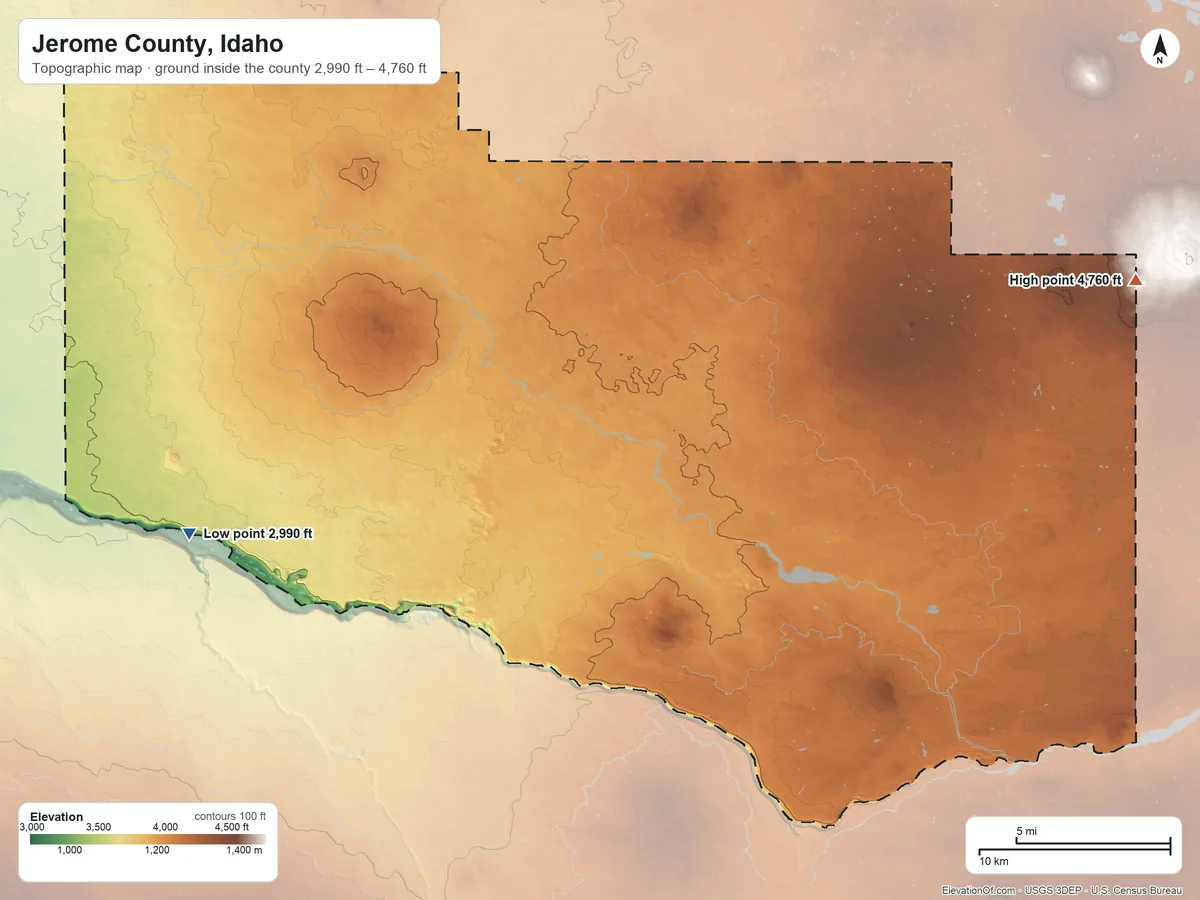 Topographic elevation map of Jerome County, Idaho, shaded from 2,990 ft on the west side to 4,760 ft on the east side