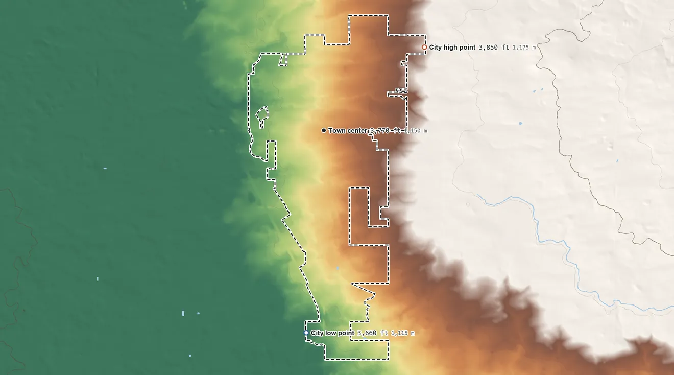 Topographic elevation map of Jerome, Idaho, shaded from 3,660 ft on the south side to 3,850 ft on the northeast side