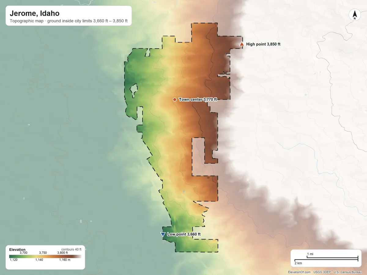 Topographic elevation map of Jerome, Idaho, shaded from 3,660 ft on the south side to 3,850 ft on the northeast side