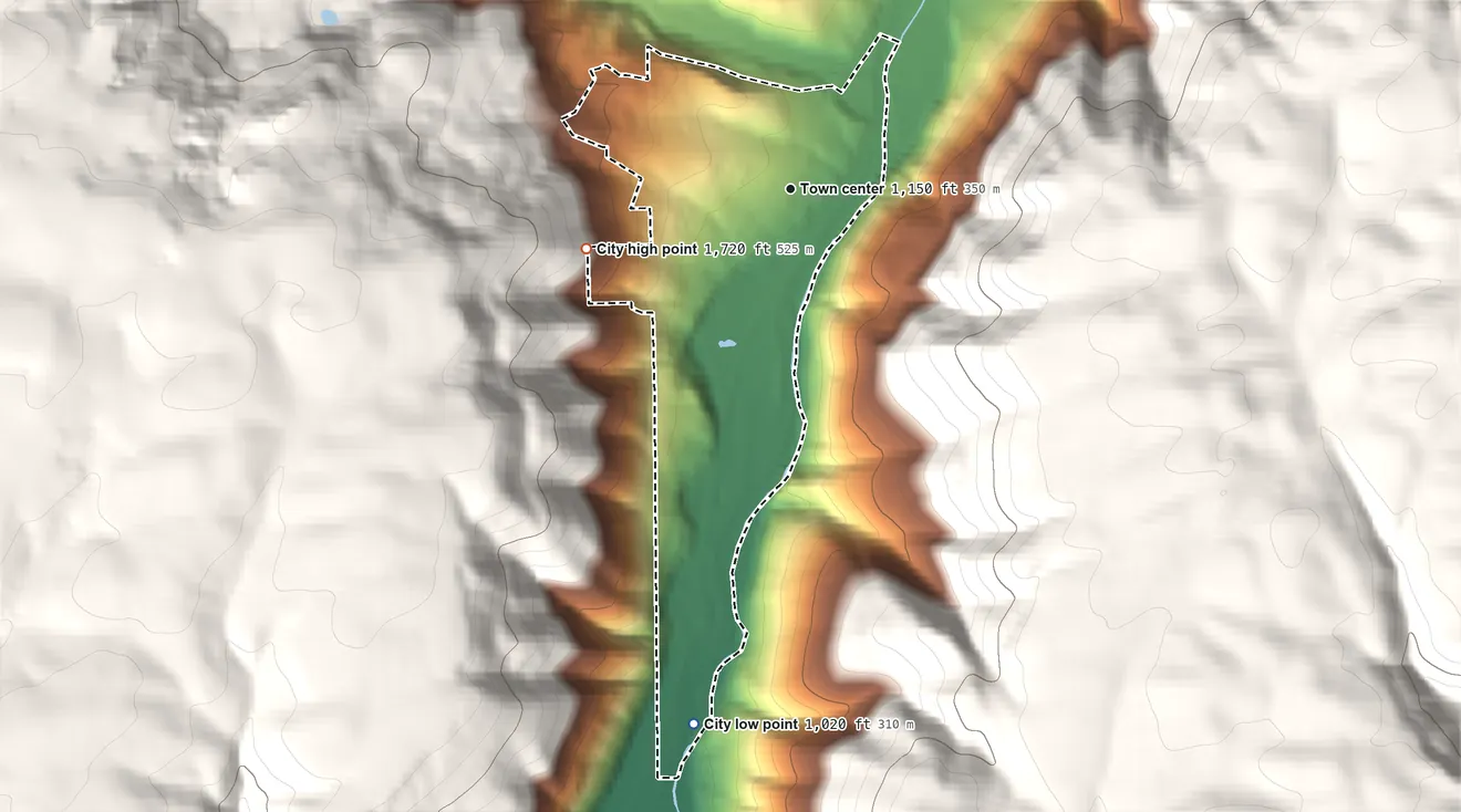 Topographic elevation map of Juliaetta, Idaho, shaded from 1,020 ft on the south side to 1,720 ft on the west edge, below higher ground just outside