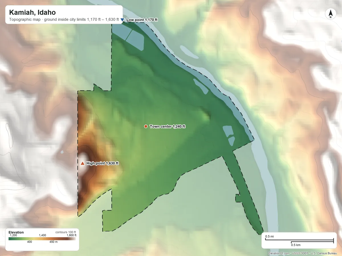 Topographic elevation map of Kamiah, Idaho, shaded from 1,170 ft on the north side to 1,630 ft on the southwest edge, below higher ground just outside