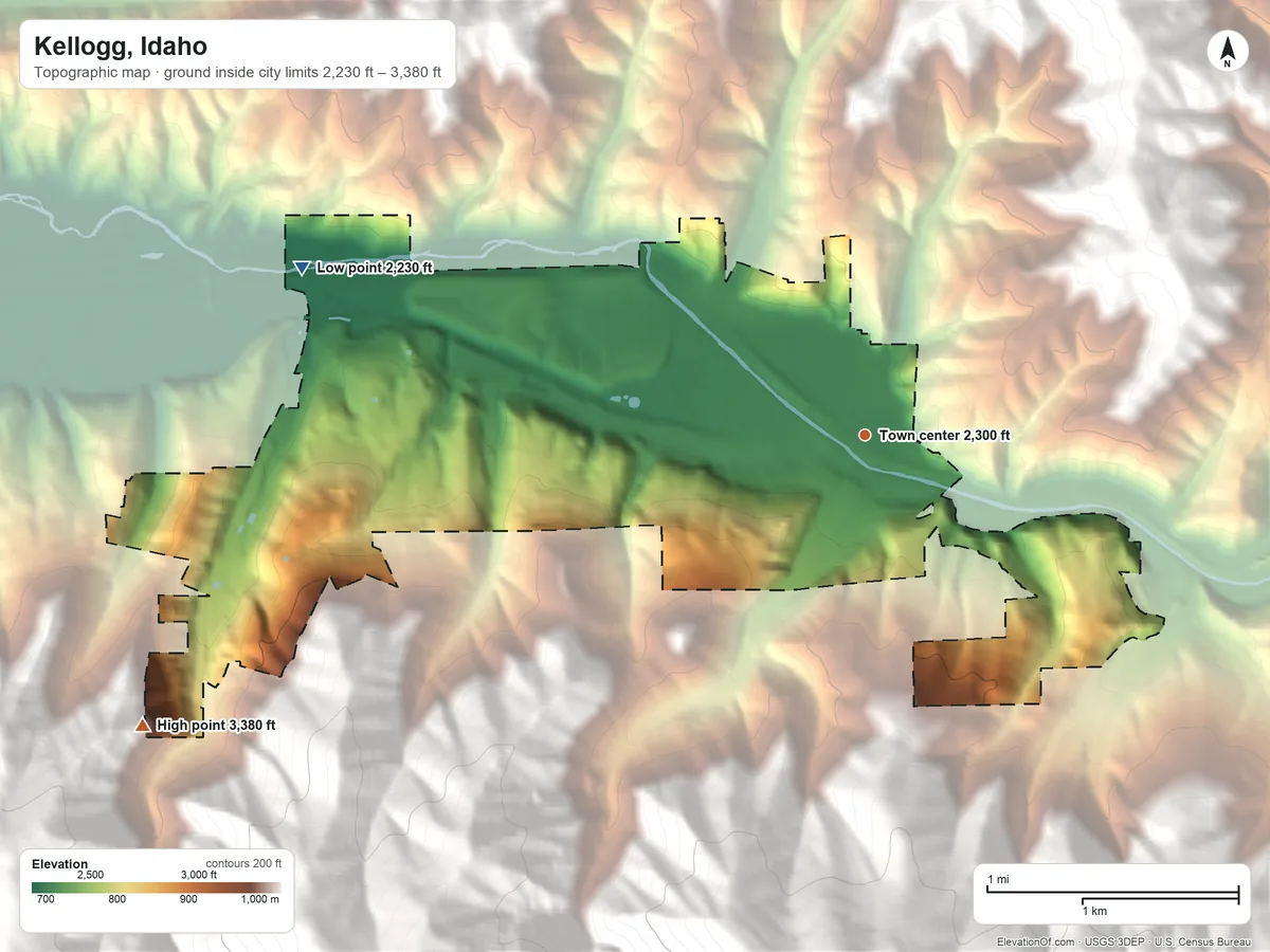 Topographic elevation map of Kellogg, Idaho, shaded from 2,230 ft on the west side to 3,380 ft on the west edge, below higher ground just outside