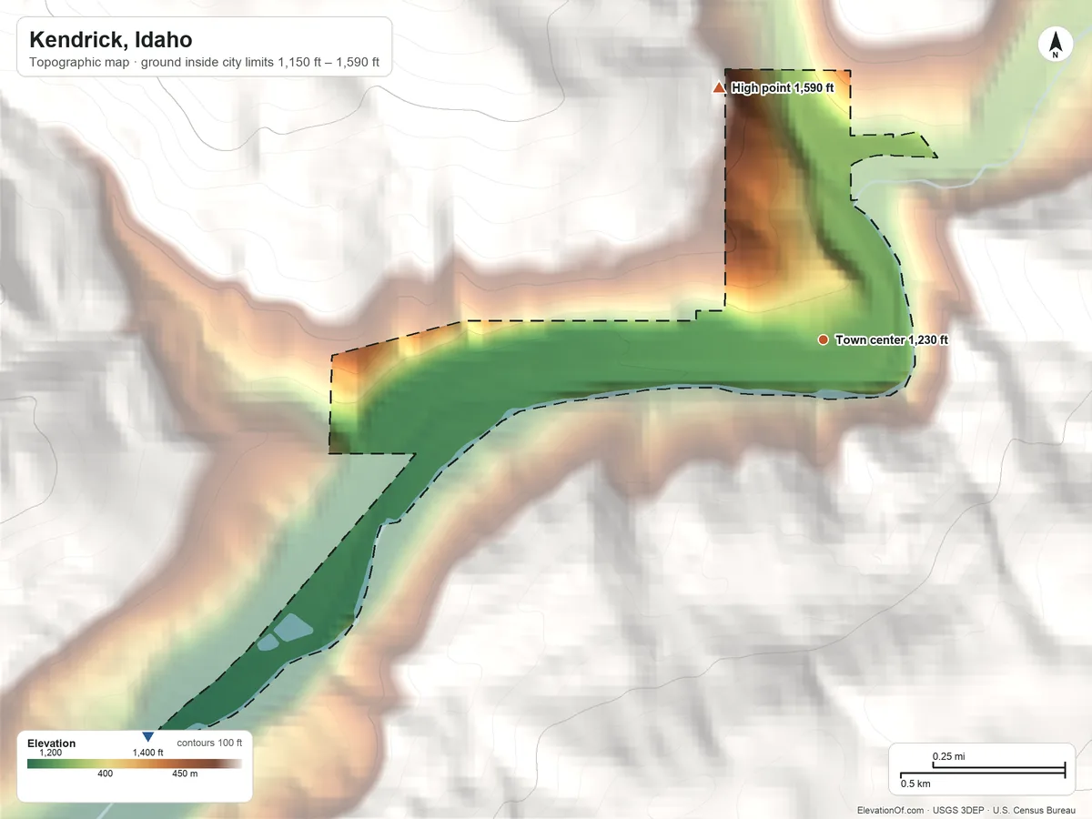 Topographic elevation map of Kendrick, Idaho, shaded from 1,150 ft on the southwest side to 1,590 ft on the north edge, below higher ground just outside
