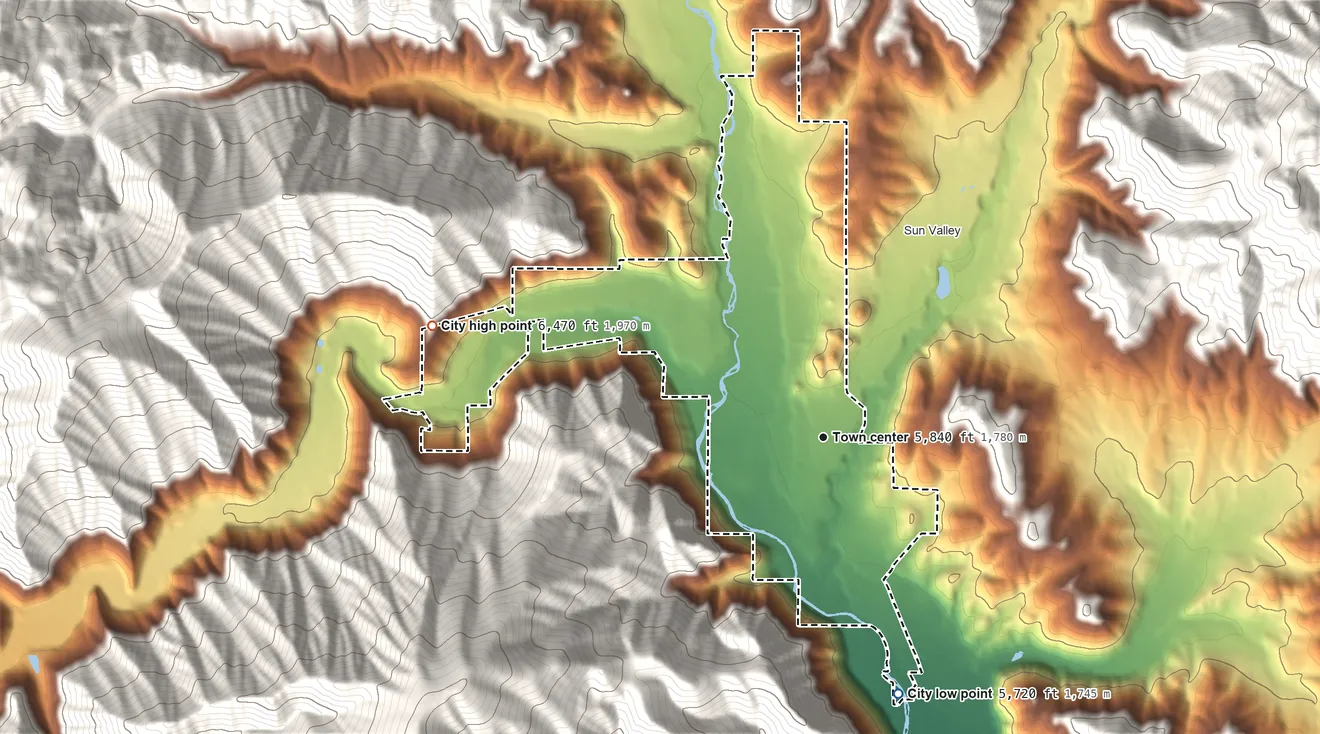 Topographic elevation map of Ketchum, Idaho, shaded from 5,720 ft on the south side to 6,470 ft at the foot of the Smoky Mountains
