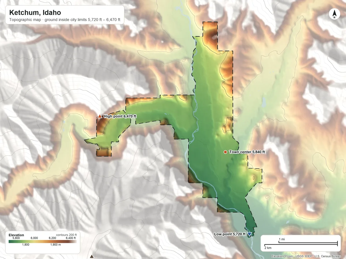 Topographic elevation map of Ketchum, Idaho, shaded from 5,720 ft on the south side to 6,470 ft at the foot of the Smoky Mountains