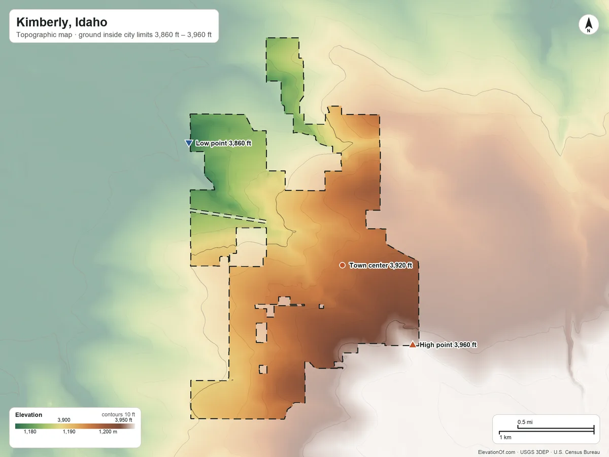 Topographic elevation map of Kimberly, Idaho, shaded from 3,860 ft on the northwest side to 3,960 ft on the southeast side