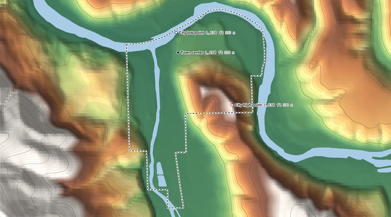 Topographic elevation map of Kooskia, Idaho, shaded from 1,230 ft near the middle to 1,930 ft on Mount Stewart