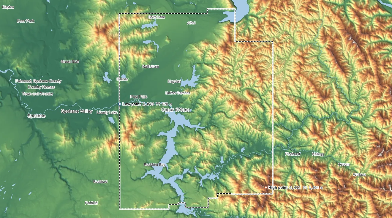 Topographic elevation map of Kootenai County, Idaho, shaded from 2,040 ft on the west side to 6,412 ft on Latour Peak