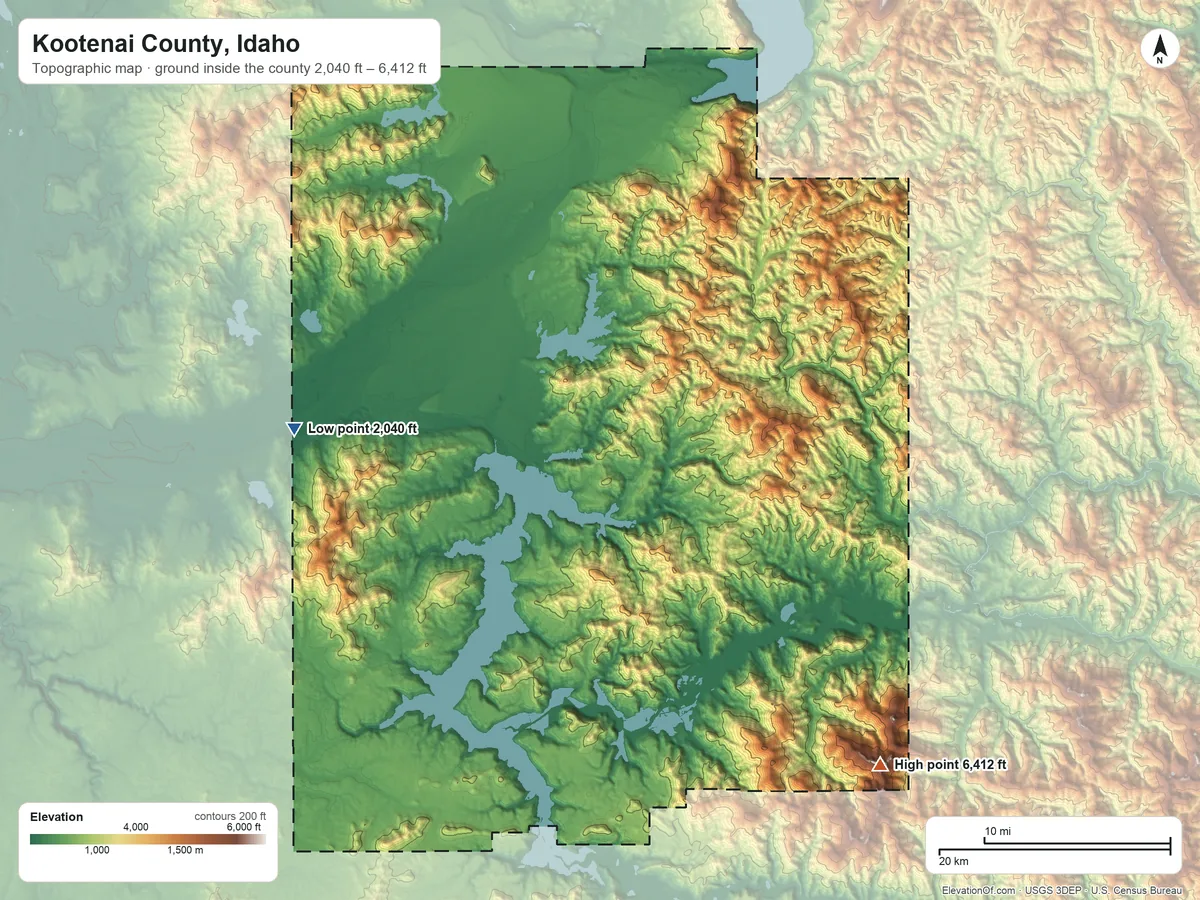 Topographic elevation map of Kootenai County, Idaho, shaded from 2,040 ft on the west side to 6,412 ft on Latour Peak