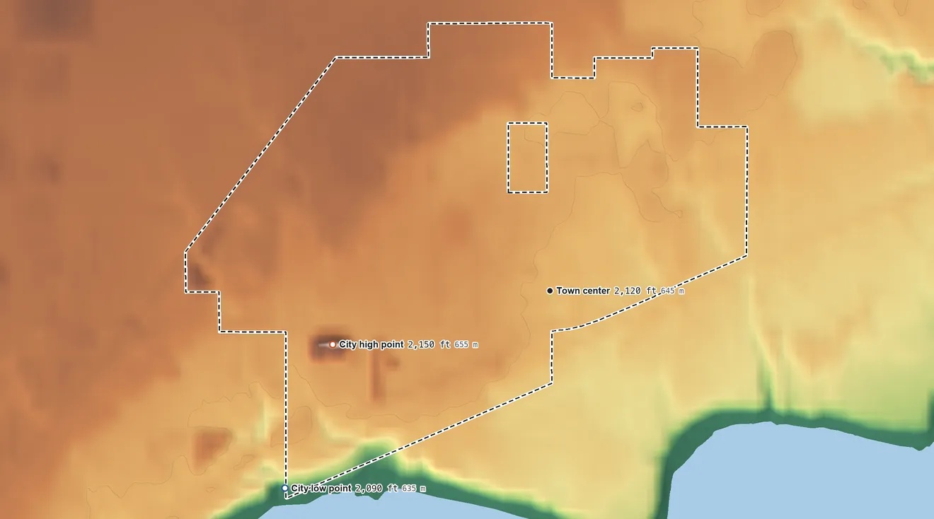 Topographic elevation map of Kootenai, Idaho, shaded from 2,090 ft on the southwest side to 2,150 ft on the west side