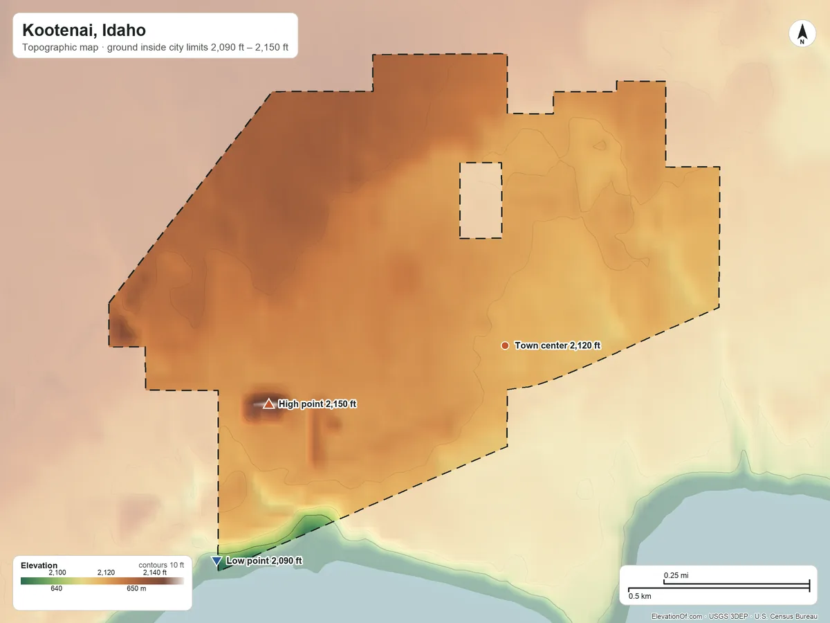 Topographic elevation map of Kootenai, Idaho, shaded from 2,090 ft on the southwest side to 2,150 ft on the west side