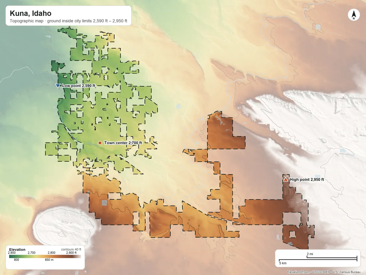 Topographic elevation map of Kuna, Idaho, shaded from 2,590 ft on the northwest side to 2,950 ft on the east side