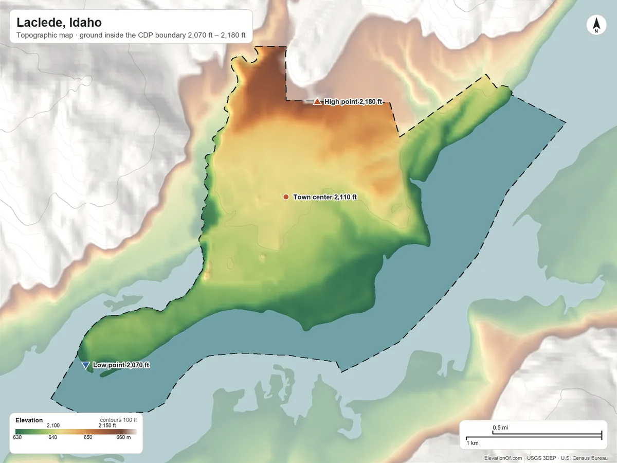 Topographic elevation map of Laclede, Idaho, shaded from 2,070 ft on the southwest side to 2,180 ft on the north edge, below higher ground just outside