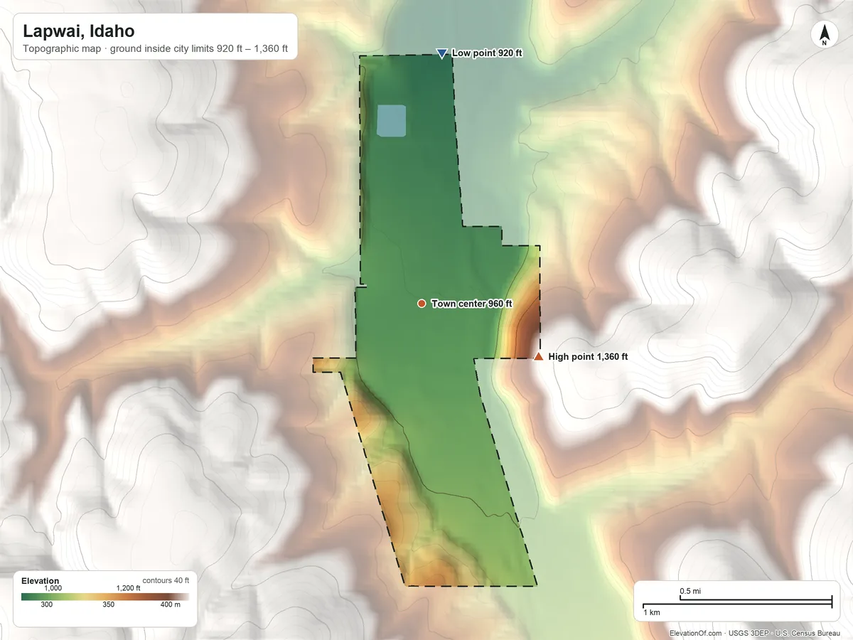 Topographic elevation map of Lapwai, Idaho, shaded from 920 ft on the north side to 1,360 ft on the southeast edge, below higher ground just outside