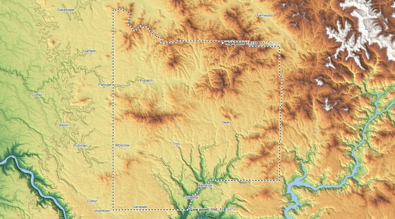 Topographic elevation map of Latah County, Idaho, shaded from 990 ft on the south side to 5,338 ft on Bald Mountain