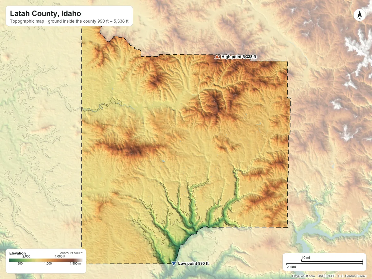 Topographic elevation map of Latah County, Idaho, shaded from 990 ft on the south side to 5,338 ft on Bald Mountain
